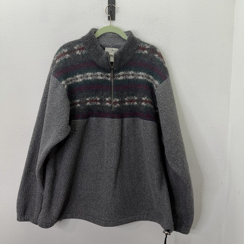 VTG L.L.Bean Fairisle Quarter Zip Sweater Gray Wool Blend Mens XL 90s Made USA